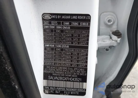 2015 Land Rover Range Rover Evoque Pure z USA, uszkodzony, nr VIN SALVN2BGXFH043521